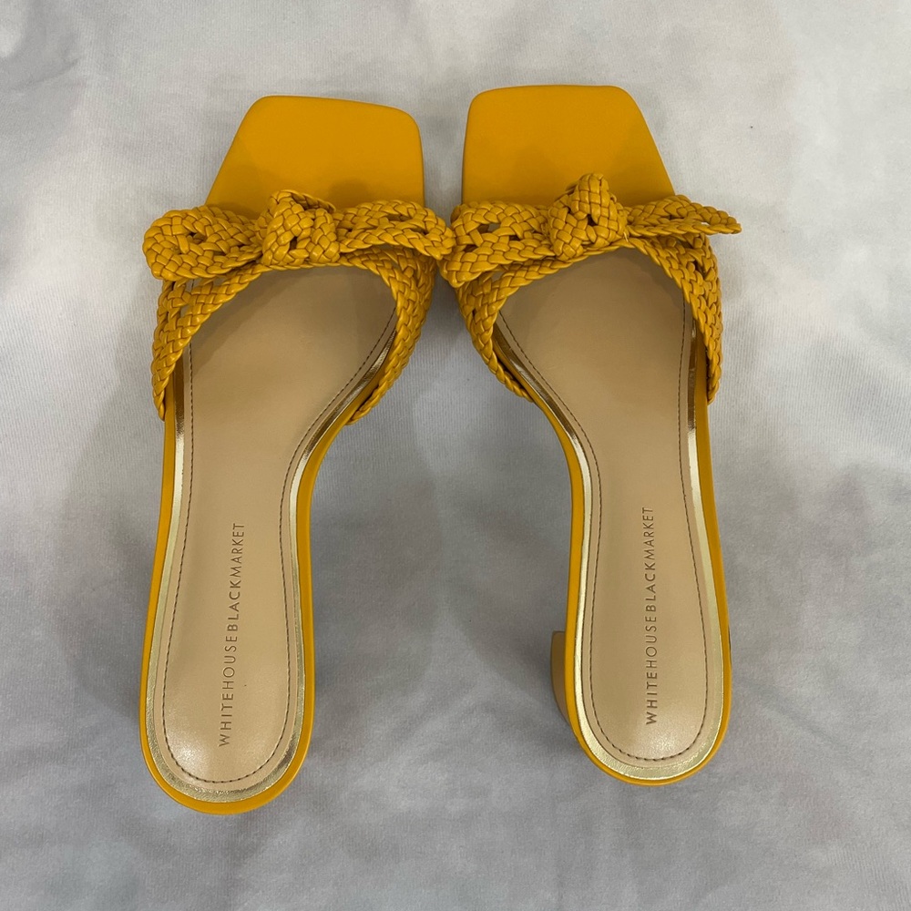 White House Black Market Mustard Woven Heels - Picture 3 of 7